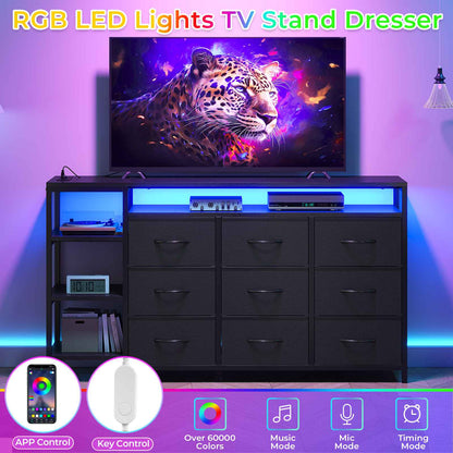 HAUOMS 60 Inches TV Stand with Charging Station LED Lights TV Console Table with  9 Drawers and Open Shelves for Living Room Bedroom