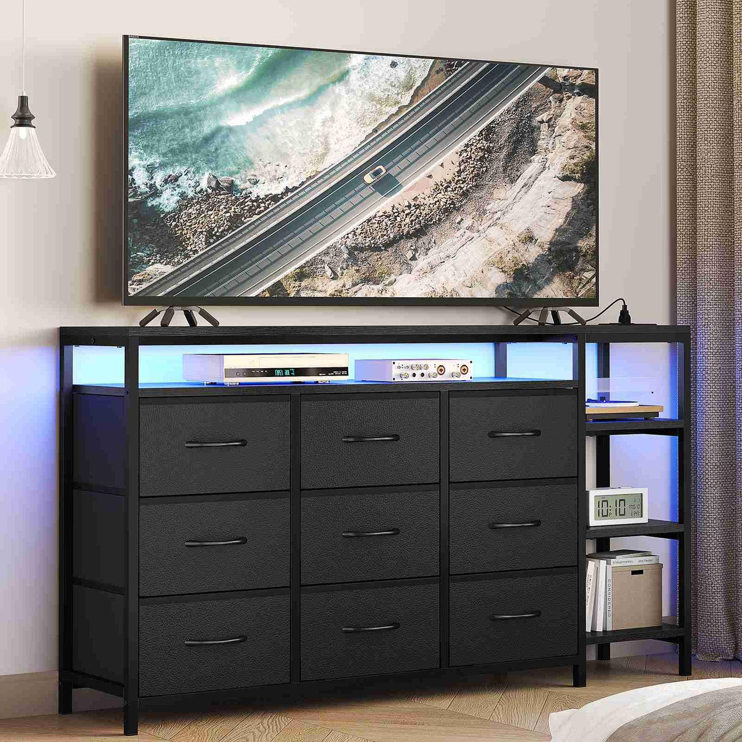 HAUOMS 60 Inches TV Stand with Charging Station LED Lights TV Console Table with  9 Drawers and Open Shelves for Living Room Bedroom