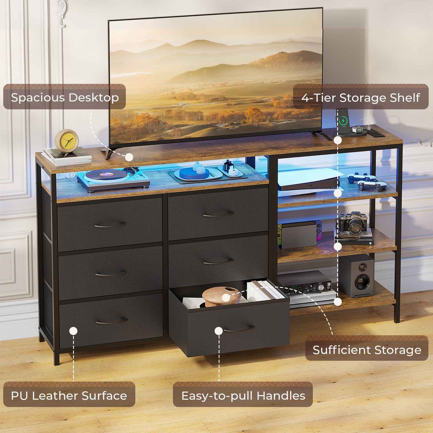 HAUOMS 60 Inch TV Stand with Power Outlets and LED Lights Convertible Dresser with Open Shelf and 6 Drawers