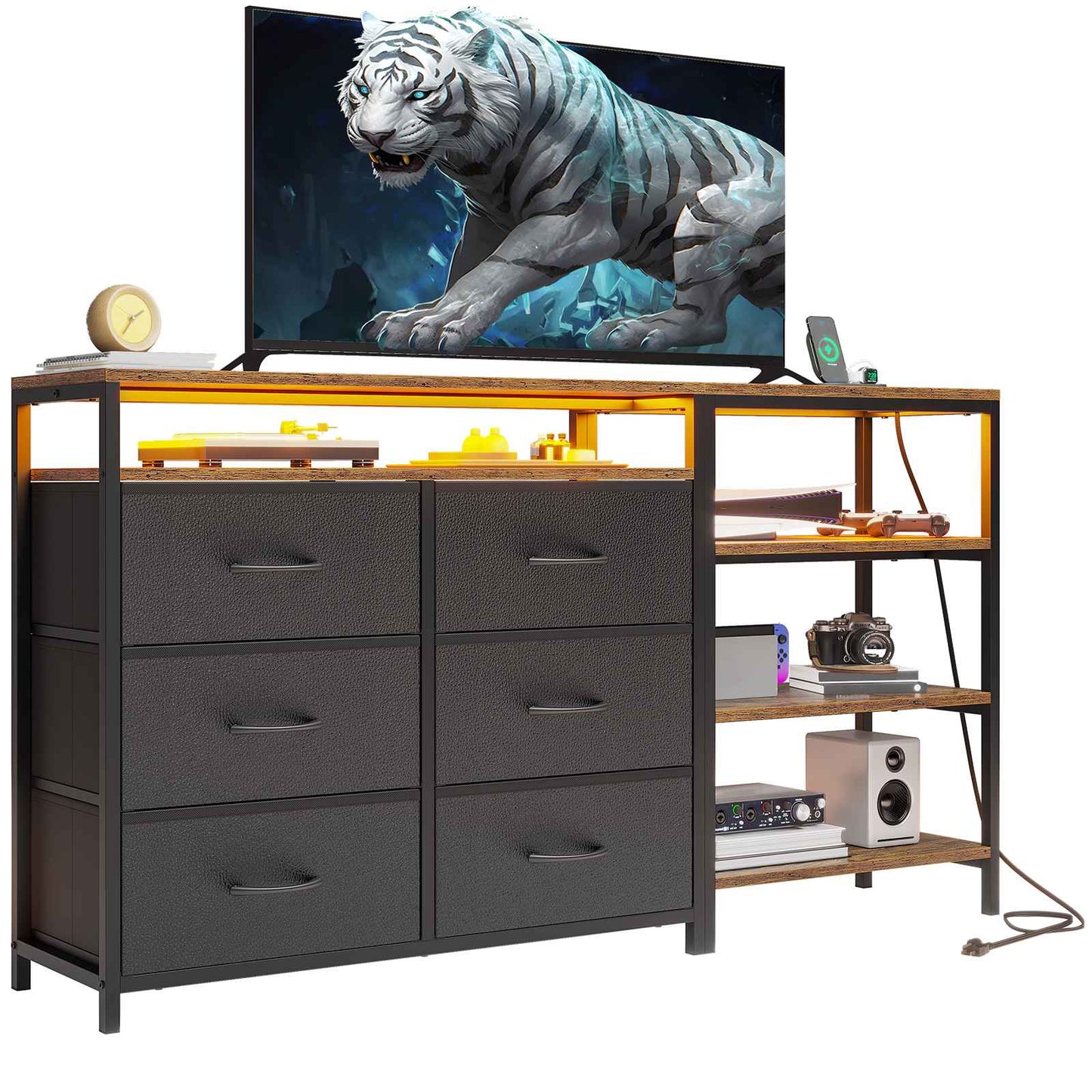 HAUOMS 60 Inch TV Stand with Power Outlets and LED Lights Convertible Dresser with Open Shelf and 6 Drawers