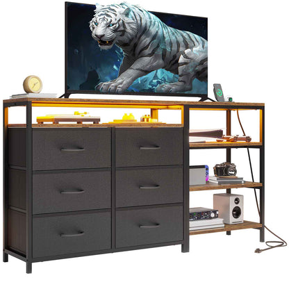 HAUOMS 60 Inch TV Stand with Power Outlets and LED Lights Convertible Dresser with Open Shelf and 6 Drawers