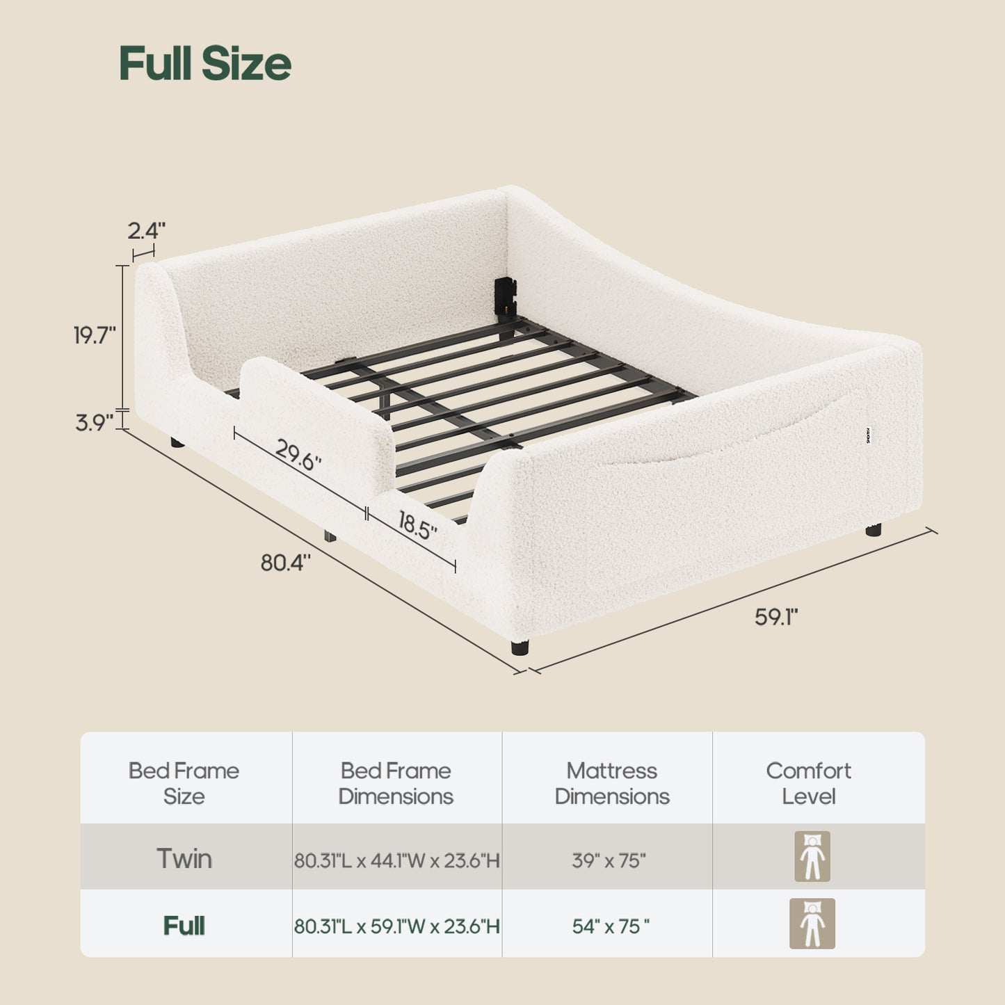 HAUOMS Full Floor Bed with Slats and High Rails 2-in-1 Convertible Beds with Upholstered Teddy Boucle Curve Round Frame for Girls and Boys