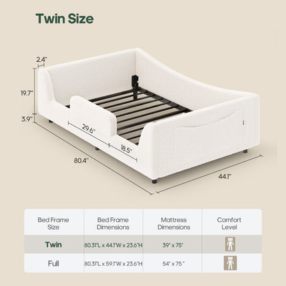 HAUOMS Twin Floor Bed with Slats and High Rails Upholstered  2-in-1 Beds with Teddy Boucle Curve Round Frame for Girls and Boys