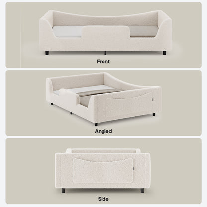 HAUOMS Full Floor Bed with Slats and High Rails 2-in-1 Convertible Beds with Upholstered Teddy Boucle Curve Round Frame for Girls and Boys