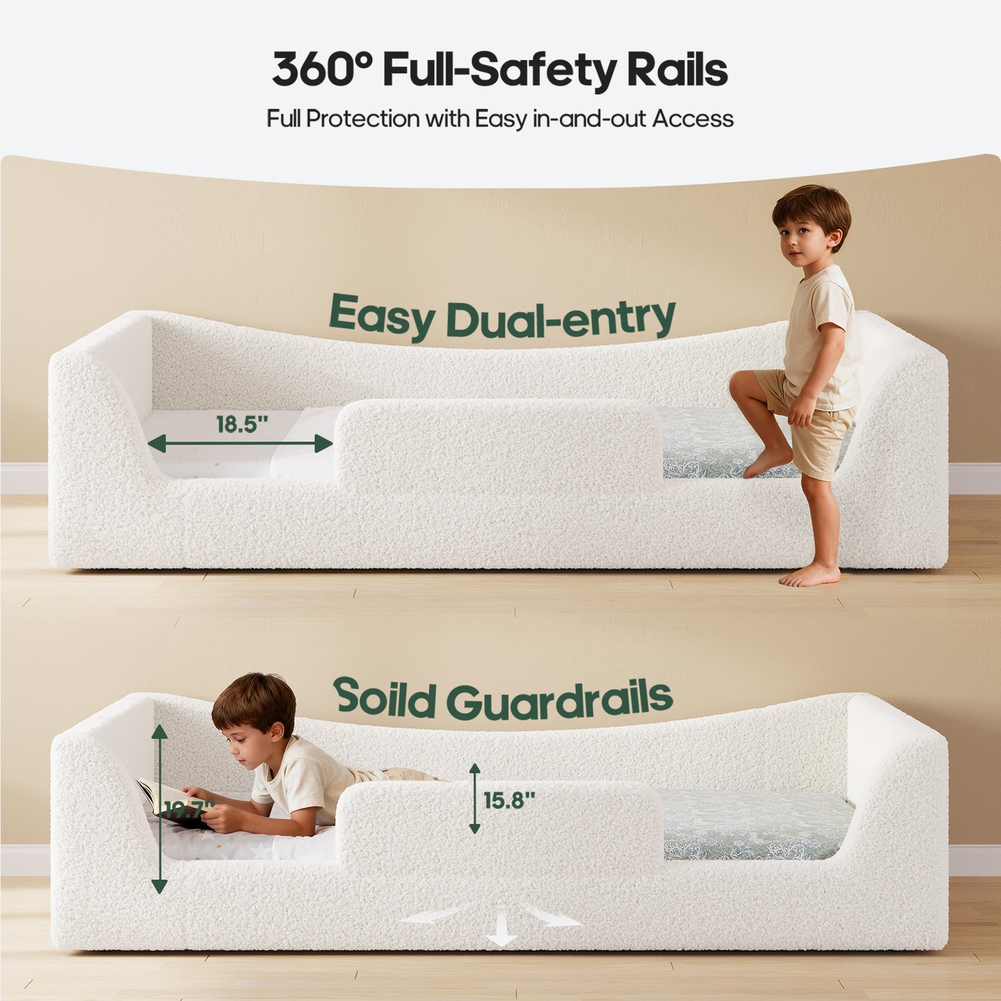 HAUOMS Twin Floor Bed with Slats and High Rails Upholstered  2-in-1 Beds with Teddy Boucle Curve Round Frame for Girls and Boys