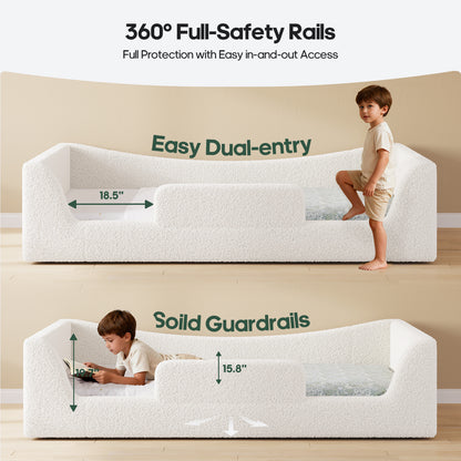HAUOMS Twin Floor Bed with Slats and High Rails Upholstered  2-in-1 Beds with Teddy Boucle Curve Round Frame for Girls and Boys