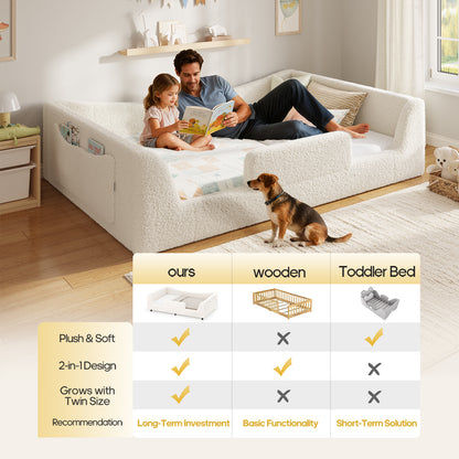 HAUOMS Twin Floor Bed with Slats and High Rails Upholstered  2-in-1 Beds with Teddy Boucle Curve Round Frame for Girls and Boys