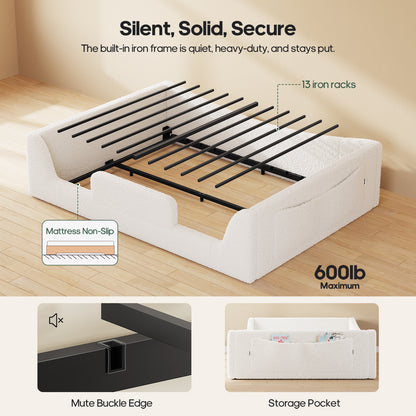 HAUOMS Full Floor Bed with Slats and High Rails 2-in-1 Convertible Beds with Upholstered Teddy Boucle Curve Round Frame for Girls and Boys