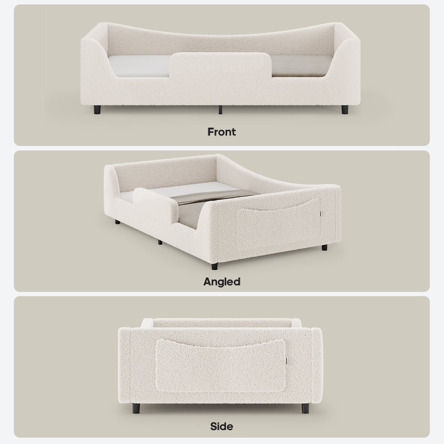 HAUOMS Twin Floor Bed with Slats and High Rails Upholstered  2-in-1 Beds with Teddy Boucle Curve Round Frame for Girls and Boys