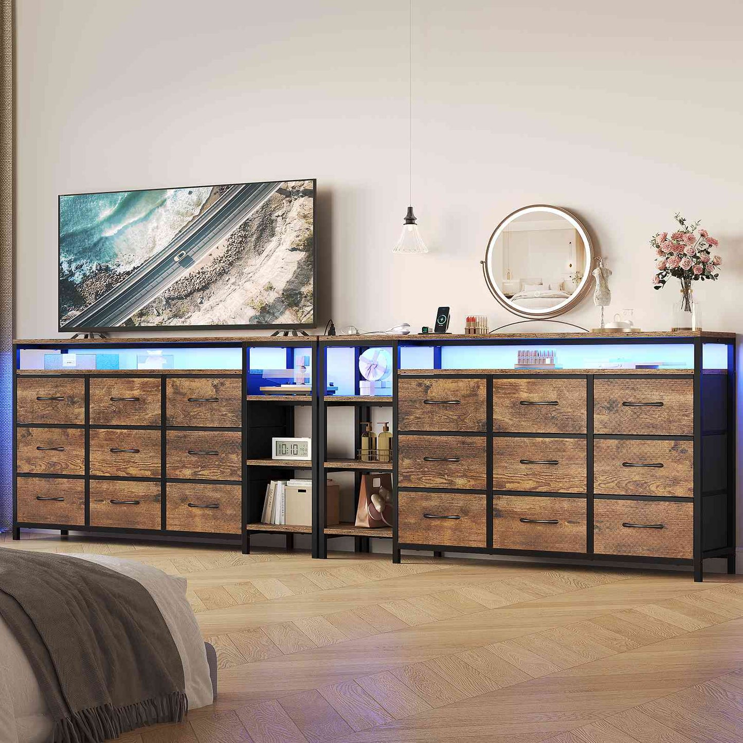HAUOMS 60 Inches TV Stand with Charging Station LED Lights TV Console Table with  9 Drawers and Open Shelves for Living Room Bedroom