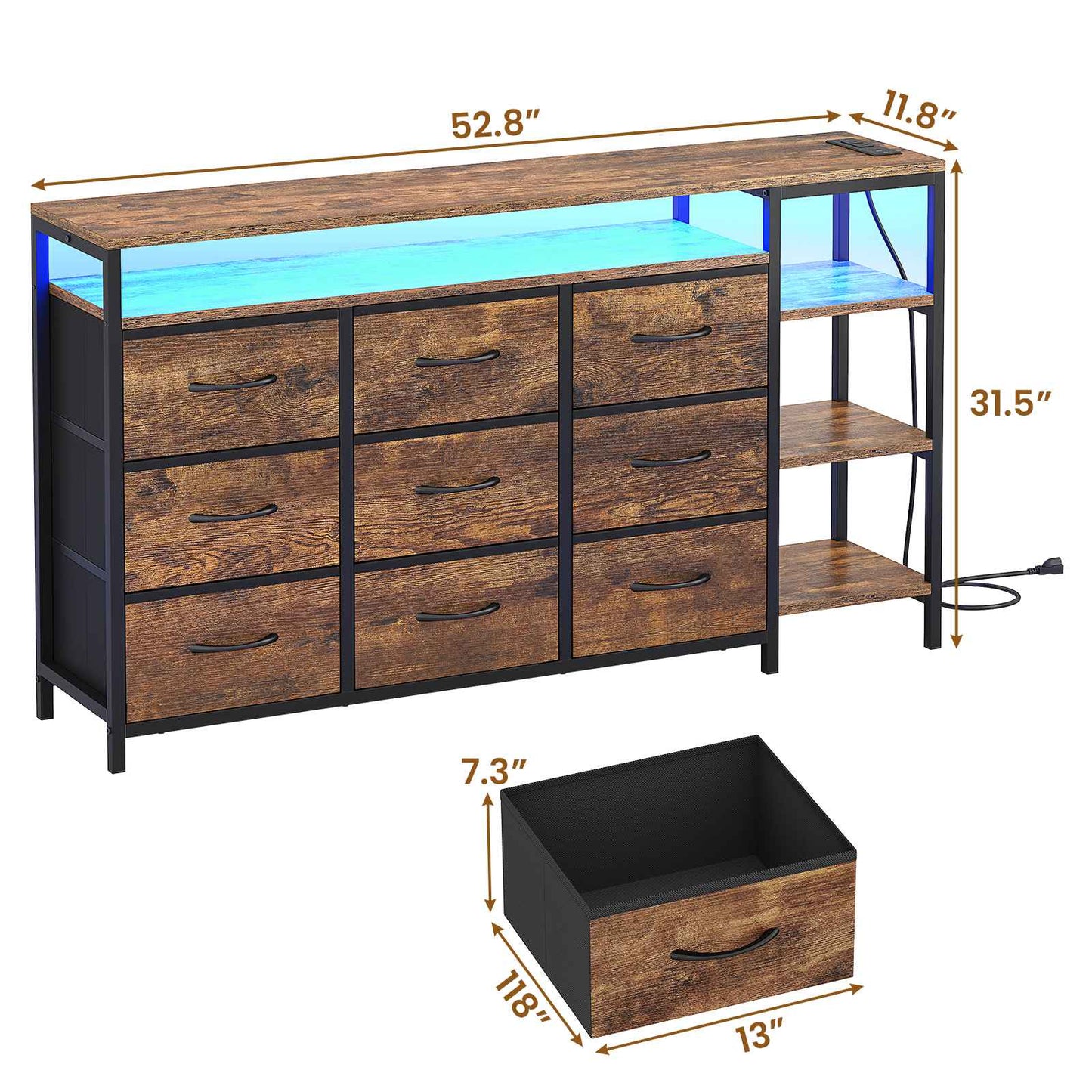 HAUOMS 60 Inches TV Stand with Charging Station LED Lights TV Console Table with  9 Drawers and Open Shelves for Living Room Bedroom