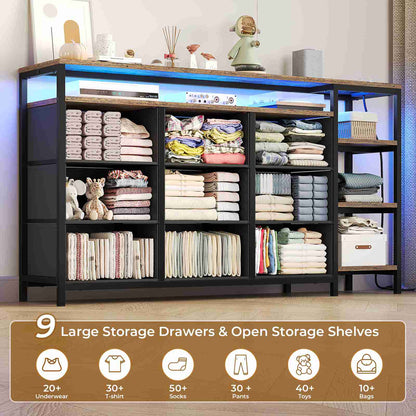 HAUOMS 60 Inches TV Stand with Charging Station LED Lights TV Console Table with  9 Drawers and Open Shelves for Living Room Bedroom