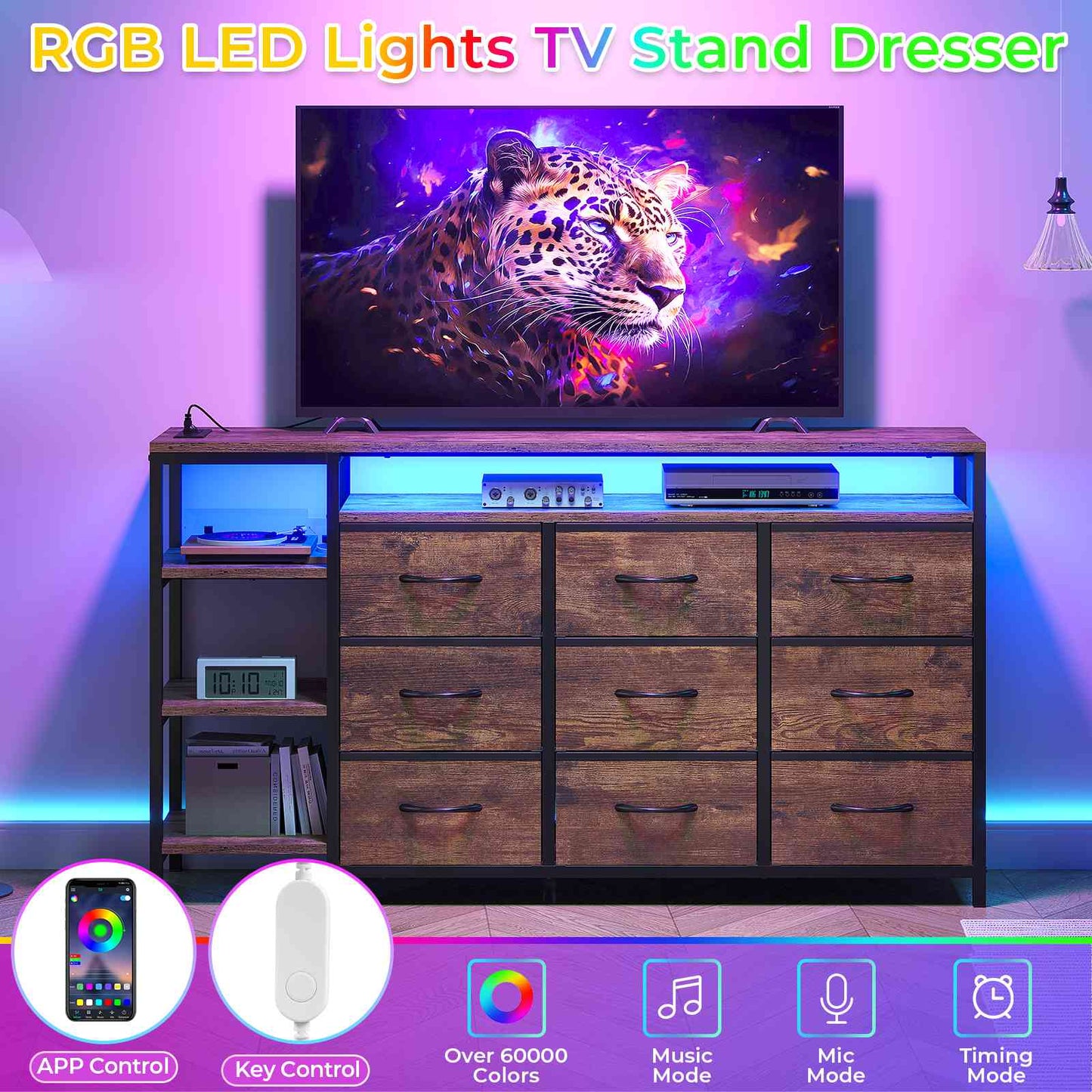HAUOMS 60 Inches TV Stand with Charging Station LED Lights TV Console Table with  9 Drawers and Open Shelves for Living Room Bedroom