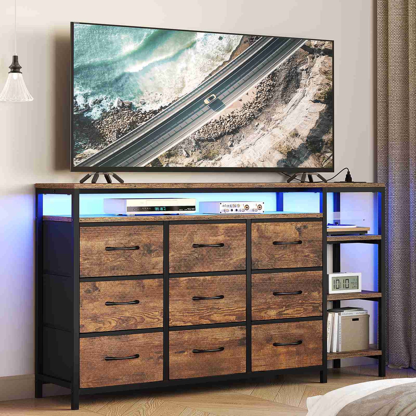 HAUOMS 60 Inches TV Stand with Charging Station LED Lights TV Console Table with  9 Drawers and Open Shelves for Living Room Bedroom