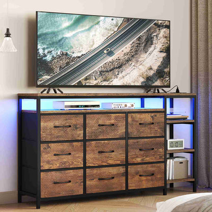 HAUOMS 60 Inches TV Stand with Charging Station LED Lights TV Console Table with  9 Drawers and Open Shelves for Living Room Bedroom