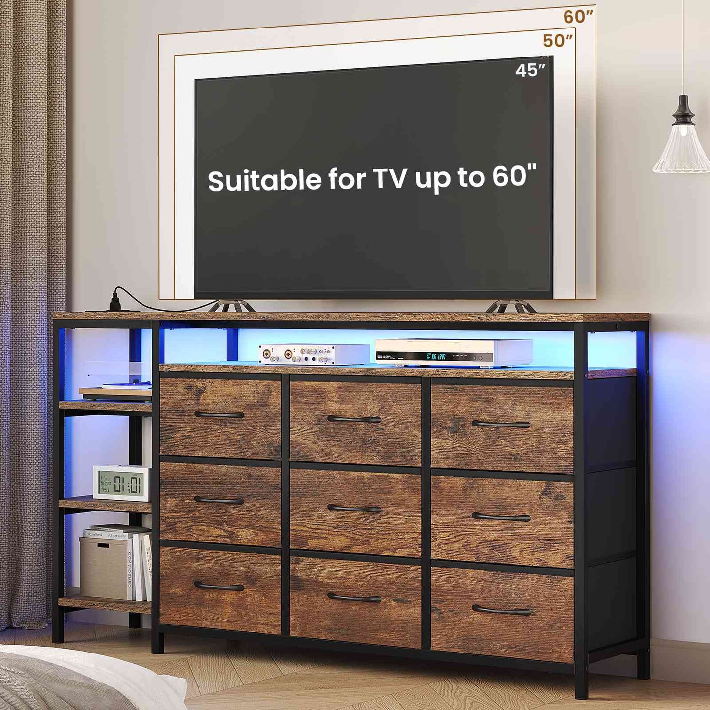 HAUOMS 60 Inches TV Stand with Charging Station LED Lights TV Console Table with  9 Drawers and Open Shelves for Living Room Bedroom