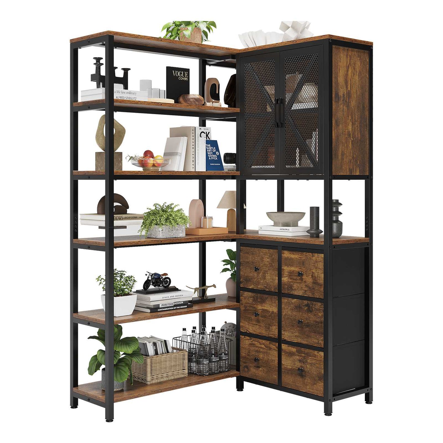HAUOMS Corner Bookshelf with 6 Tier Convertible Bookshelf and 6 Fabric Drawers for Home Office Living Room