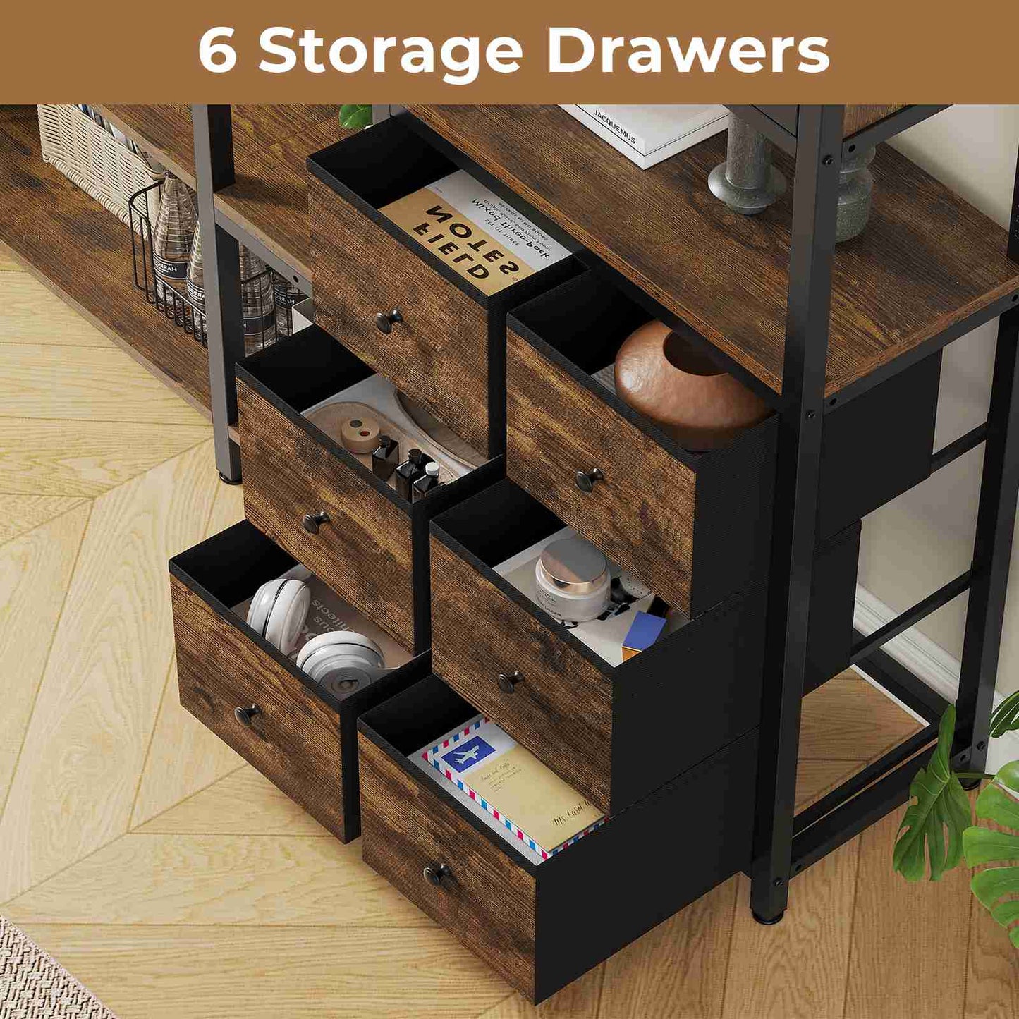 HAUOMS Corner Bookshelf with 6 Tier Convertible Bookshelf and 6 Fabric Drawers for Home Office Living Room