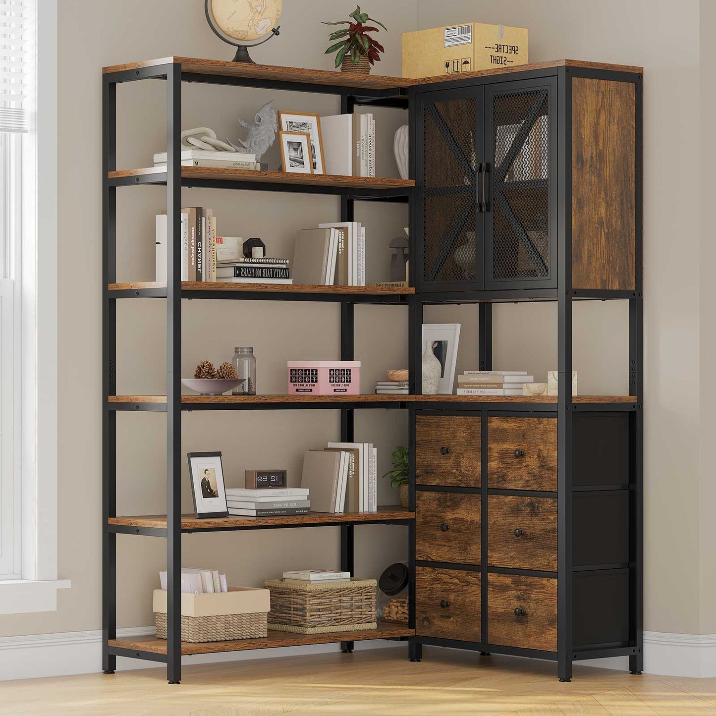 HAUOMS Corner Bookshelf with 6 Tier Convertible Bookshelf and 6 Fabric Drawers for Home Office Living Room