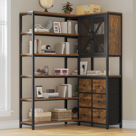 HAUOMS Corner Bookshelf with 6 Tier Convertible Bookshelf and 6 Fabric Drawers for Home Office Living Room