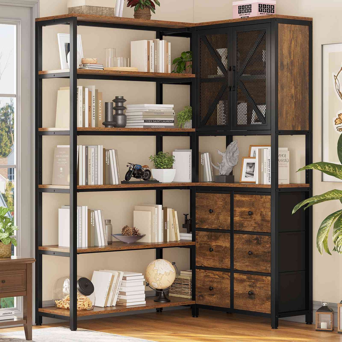 HAUOMS Corner Bookshelf with 6 Tier Convertible Bookshelf and 6 Fabric Drawers for Home Office Living Room