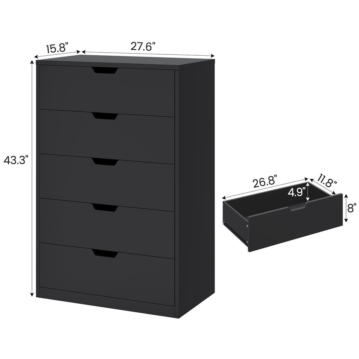HAUOMS 43.3 Inch Tall Dresser with 5 Drawer Modern Chest for Bedroom Living Room Entryway Hallway