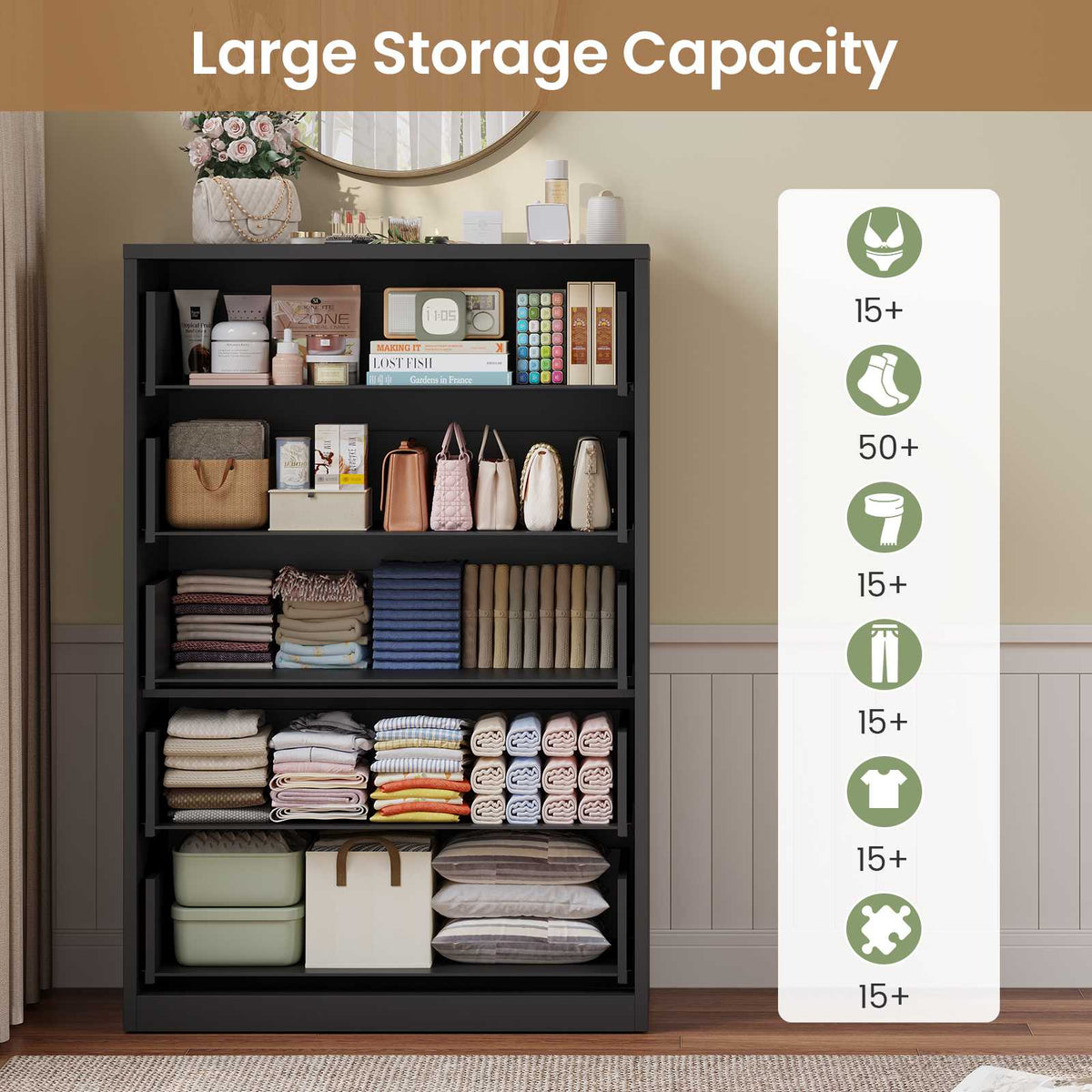 HAUOMS 43.3 Inch Tall Dresser with 5 Drawer Modern Chest for Bedroom Living Room Entryway Hallway
