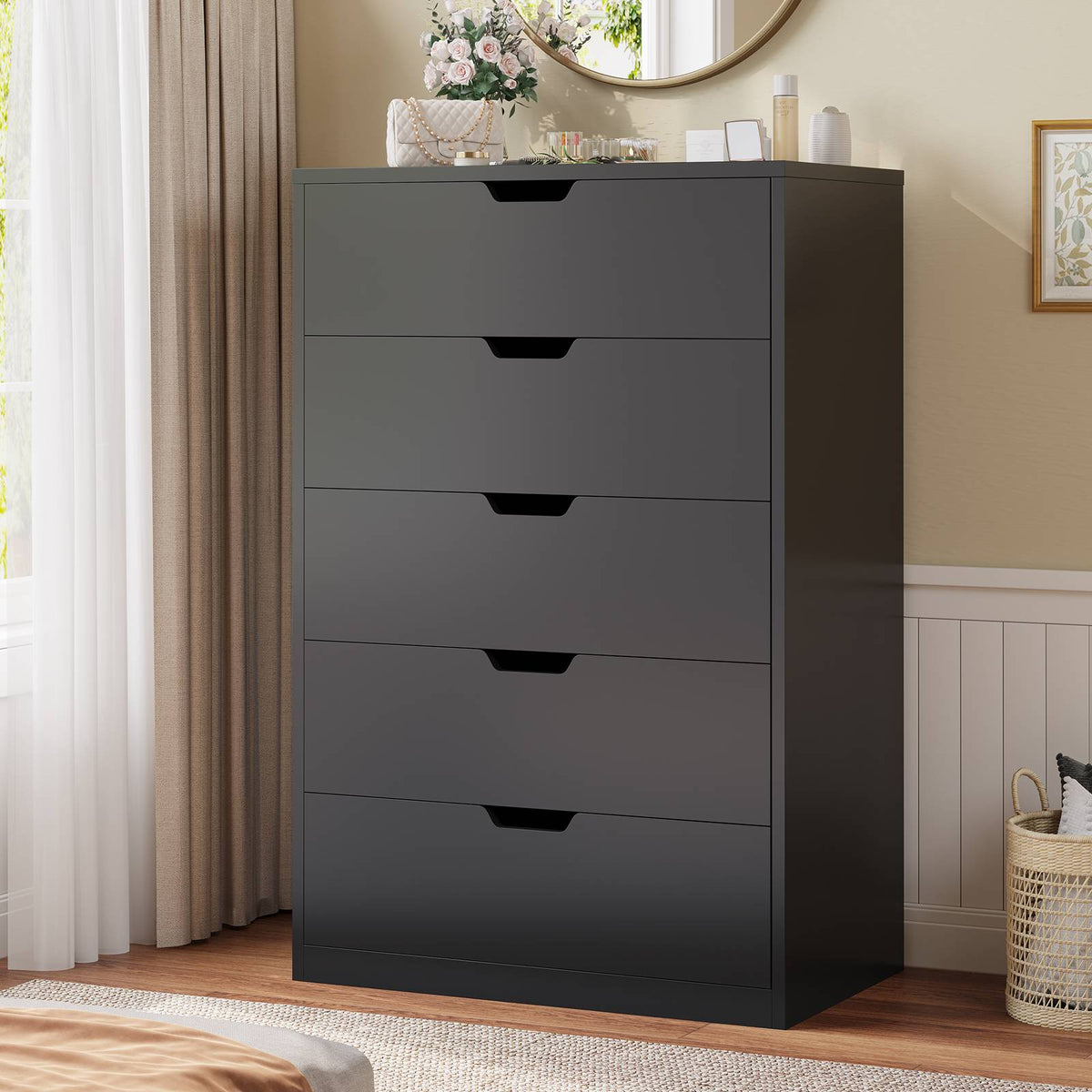 HAUOMS 43.3 Inch Tall Dresser with 5 Drawer Modern Chest for Bedroom Living Room Entryway Hallway