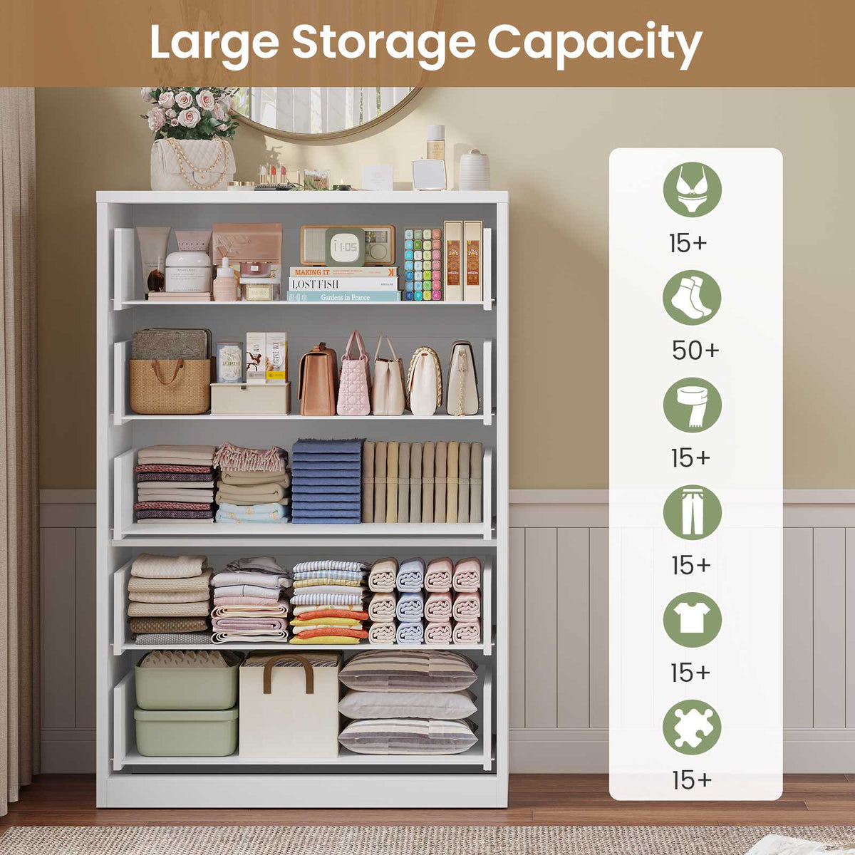 HAUOMS 43.3 Inch Tall Dresser with 5 Drawer Modern Chest for Bedroom Living Room Entryway Hallway