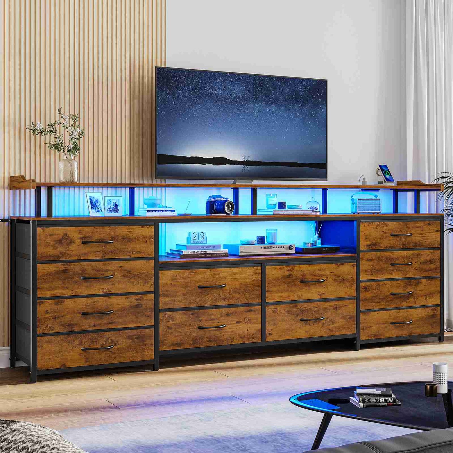 HAUOMS 63 Inch TV Stand with LED Lights and Power Outlets Long Dresser with 12 Fabric Drawers and Shelves for Bedroom