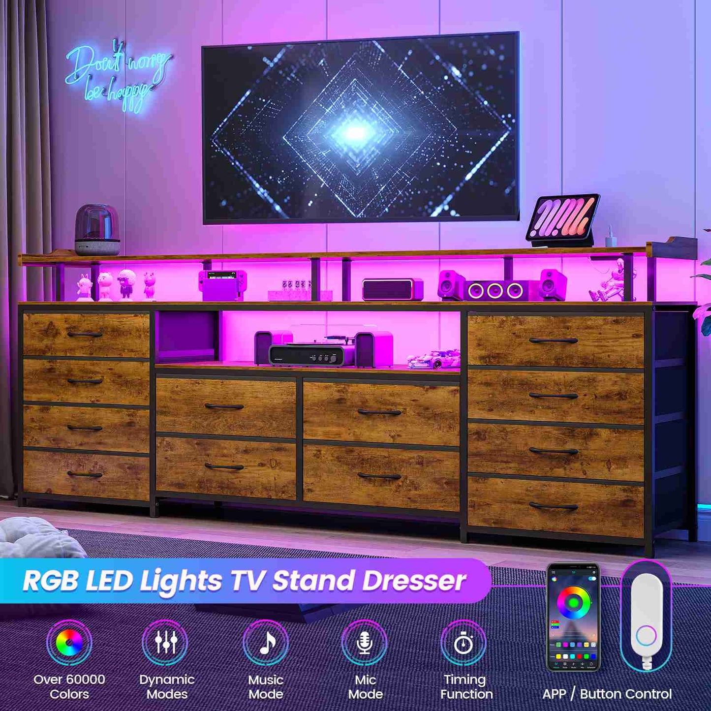 HAUOMS 63 Inch TV Stand with LED Lights and Power Outlets Long Dresser with 12 Fabric Drawers and Shelves for Bedroom
