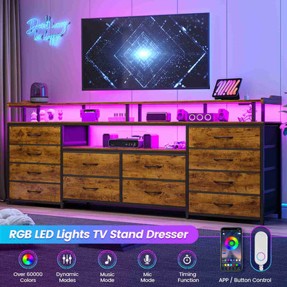 HAUOMS 63 Inch TV Stand with LED Lights and Power Outlets Long Dresser with 12 Fabric Drawers and Shelves for Bedroom