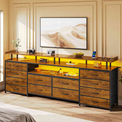HAUOMS 63 Inch TV Stand with LED Lights and Power Outlets Long Dresser with 12 Fabric Drawers and Shelves for Bedroom