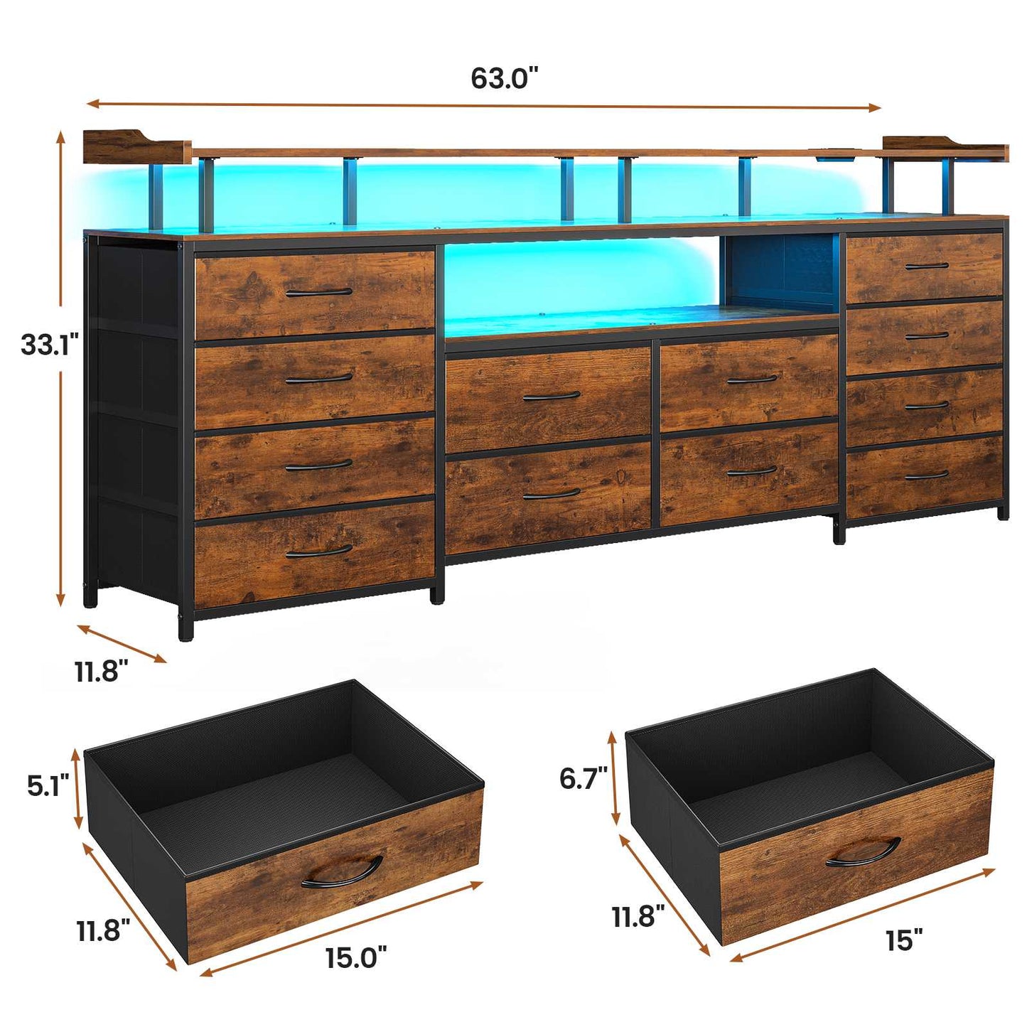 HAUOMS 63 Inch TV Stand with LED Lights and Power Outlets Long Dresser with 12 Fabric Drawers and Shelves for Bedroom