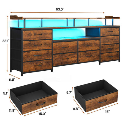HAUOMS 63 Inch TV Stand with LED Lights and Power Outlets Long Dresser with 12 Fabric Drawers and Shelves for Bedroom