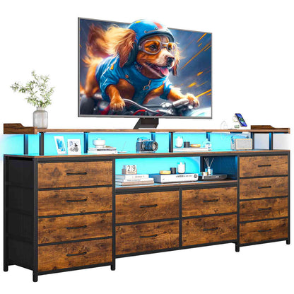 HAUOMS 63 Inch TV Stand with LED Lights and Power Outlets Long Dresser with 12 Fabric Drawers and Shelves for Bedroom