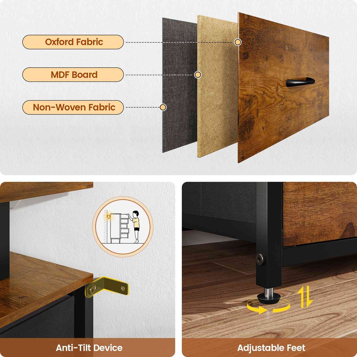 HAUOMS 63 Inch TV Stand with LED Lights and Power Outlets Long Dresser with 12 Fabric Drawers and Shelves for Bedroom