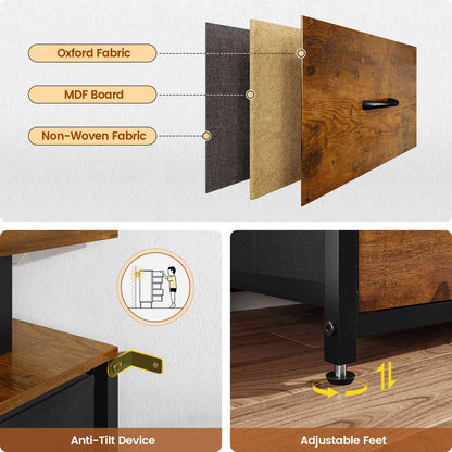 HAUOMS 63 Inch TV Stand with LED Lights and Power Outlets Long Dresser with 12 Fabric Drawers and Shelves for Bedroom