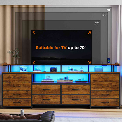 HAUOMS 63 Inch TV Stand with LED Lights and Power Outlets Long Dresser with 12 Fabric Drawers and Shelves for Bedroom