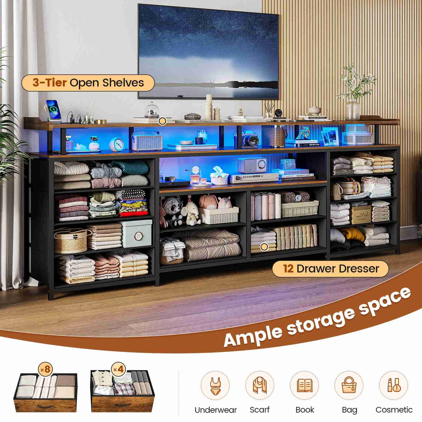 HAUOMS 63 Inch TV Stand with LED Lights and Power Outlets Long Dresser with 12 Fabric Drawers and Shelves for Bedroom
