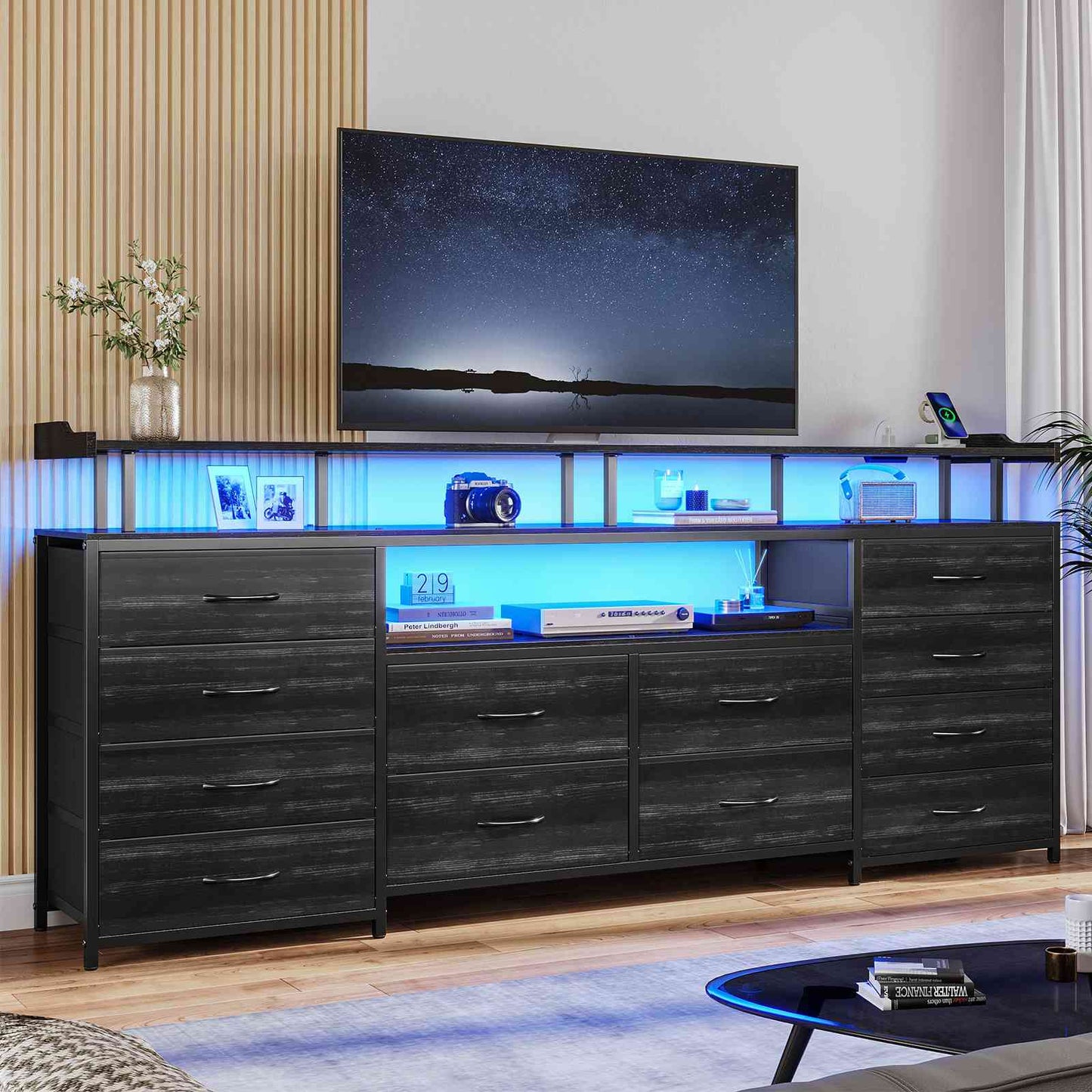HAUOMS 63 Inch TV Stand with LED Lights and Power Outlets Long Dresser with 12 Fabric Drawers and Shelves for Bedroom
