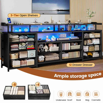 HAUOMS 63 Inch TV Stand with LED Lights and Power Outlets Long Dresser with 12 Fabric Drawers and Shelves for Bedroom