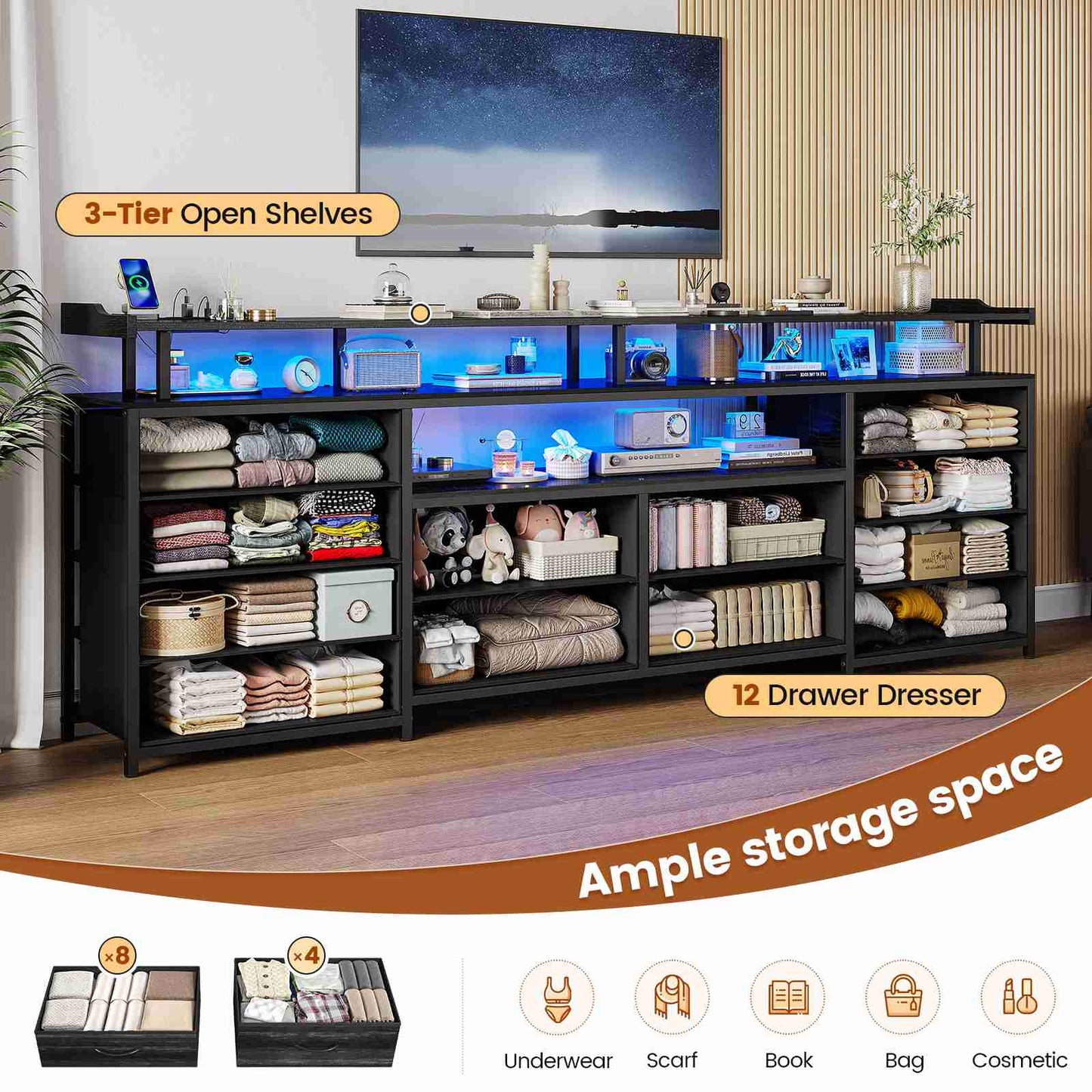 HAUOMS 63 Inch TV Stand with LED Lights and Power Outlets Long Dresser with 12 Fabric Drawers and Shelves for Bedroom