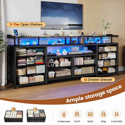 HAUOMS 63 Inch TV Stand with LED Lights and Power Outlets Long Dresser with 12 Fabric Drawers and Shelves for Bedroom