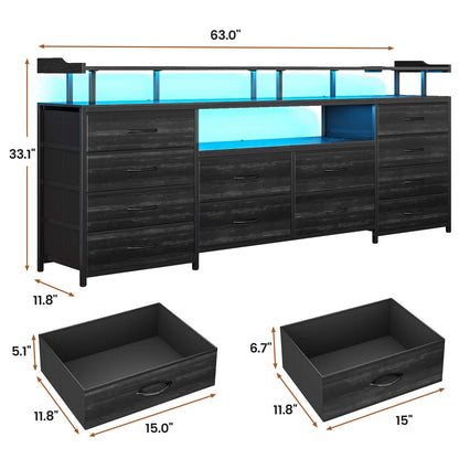 HAUOMS 63 Inch TV Stand with LED Lights and Power Outlets Long Dresser with 12 Fabric Drawers and Shelves for Bedroom