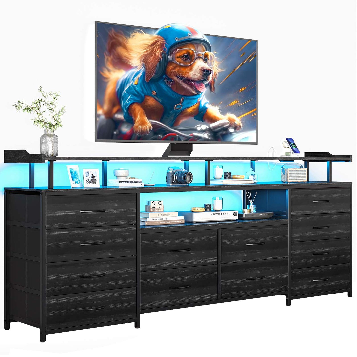 HAUOMS 63 Inch TV Stand with LED Lights and Power Outlets Long Dresser with 12 Fabric Drawers and Shelves for Bedroom