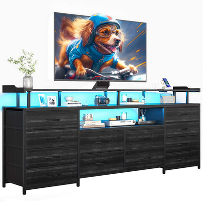 HAUOMS 63 Inch TV Stand with LED Lights and Power Outlets Long Dresser with 12 Fabric Drawers and Shelves for Bedroom