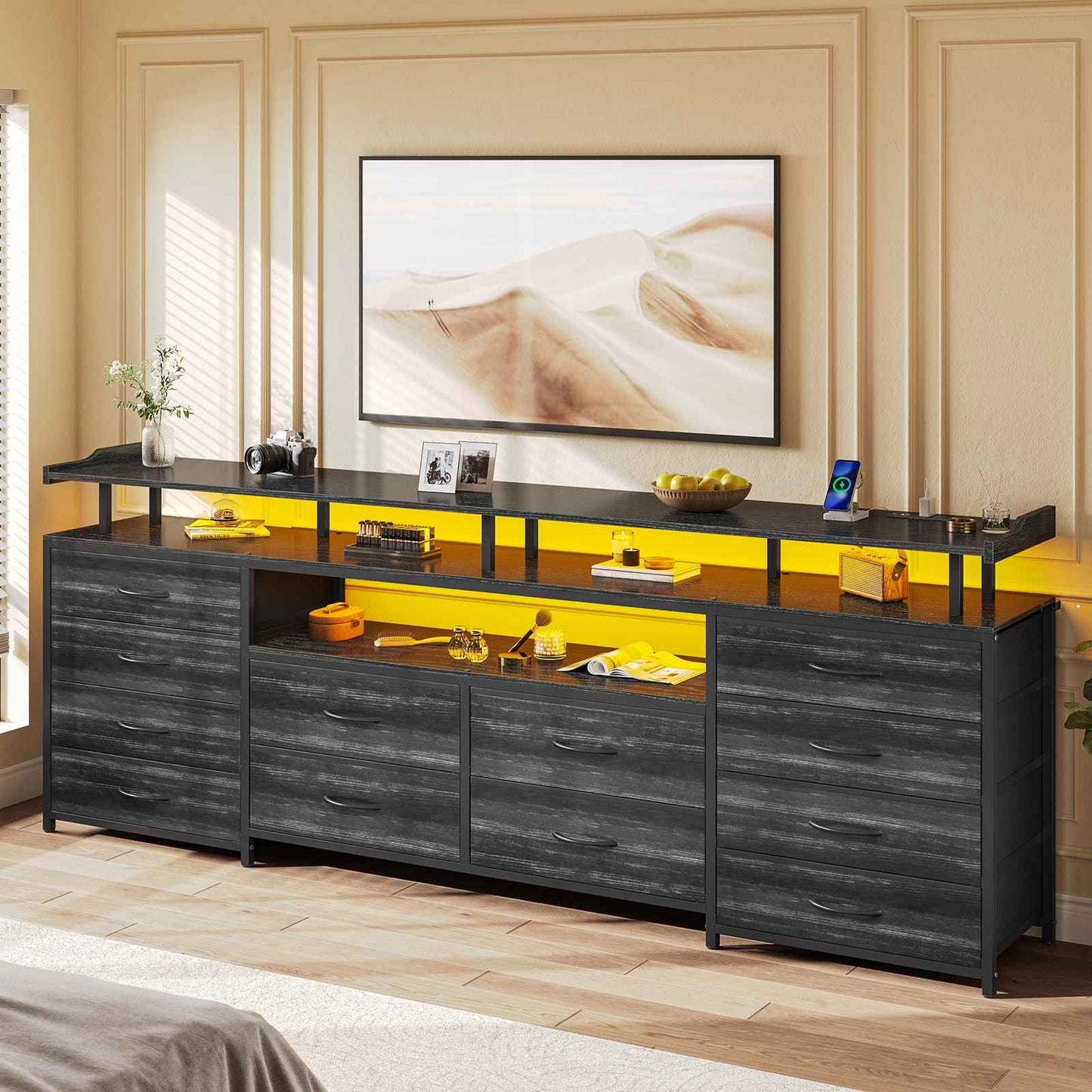 HAUOMS 63 Inch TV Stand with LED Lights and Power Outlets Long Dresser with 12 Fabric Drawers and Shelves for Bedroom