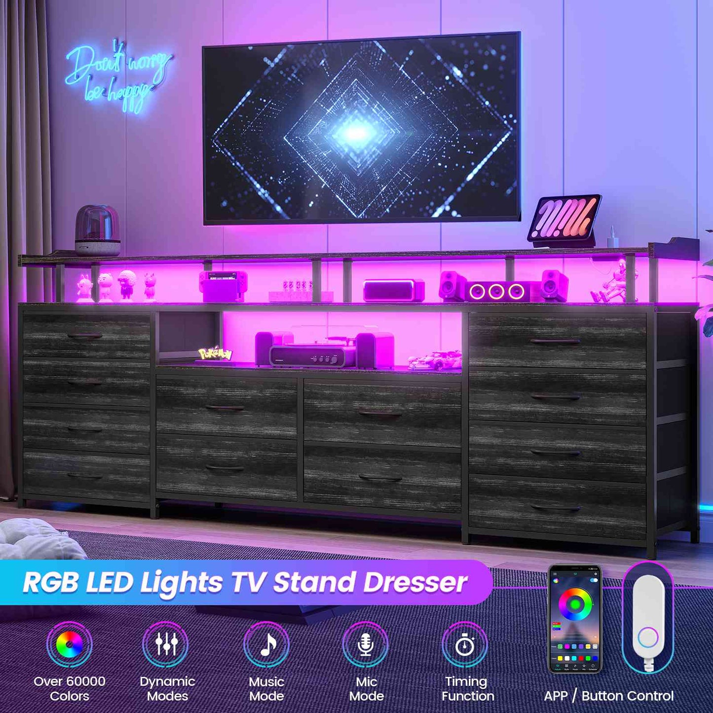 HAUOMS 63 Inch TV Stand with LED Lights and Power Outlets Long Dresser with 12 Fabric Drawers and Shelves for Bedroom