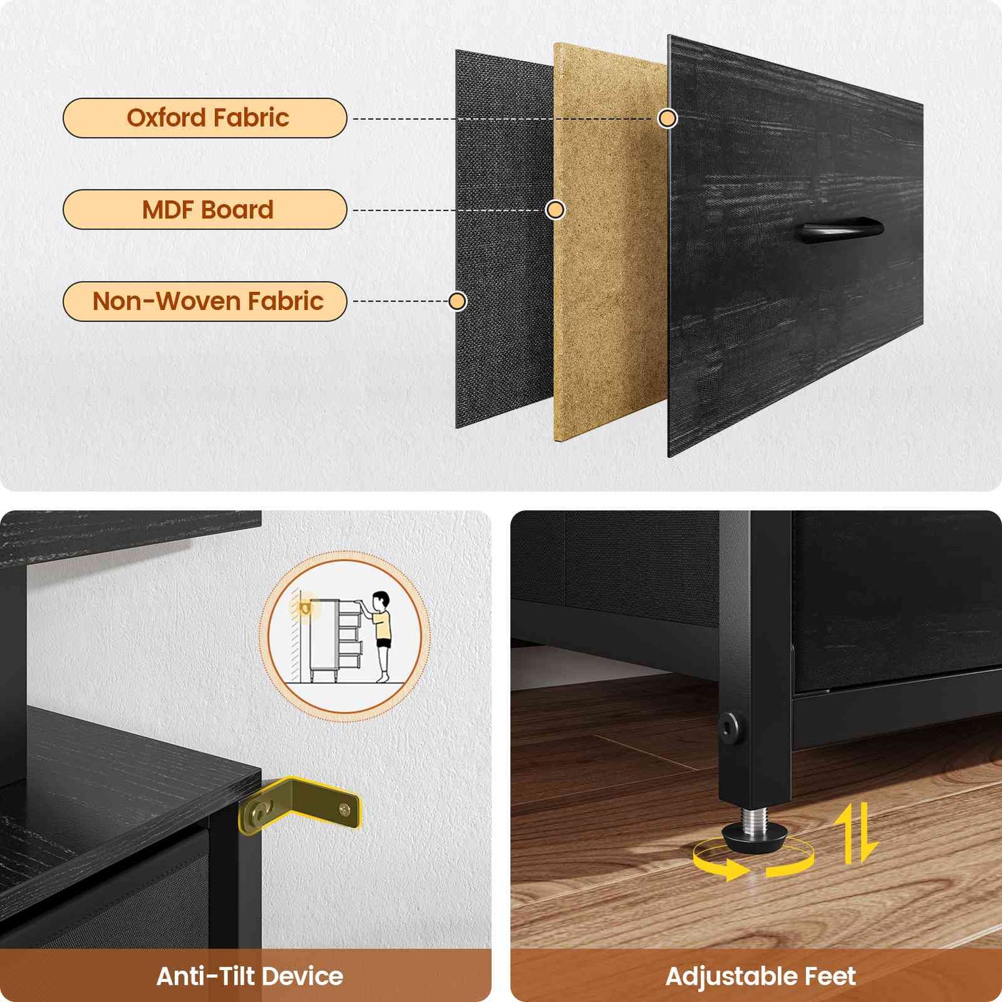 HAUOMS 63 Inch TV Stand with LED Lights and Power Outlets Long Dresser with 12 Fabric Drawers and Shelves for Bedroom